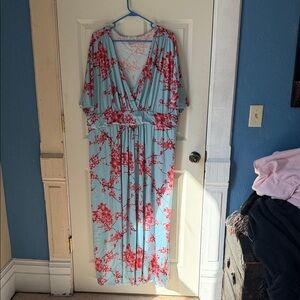 Kiyonna Light Blue Dress with Pink-Red Floral Print